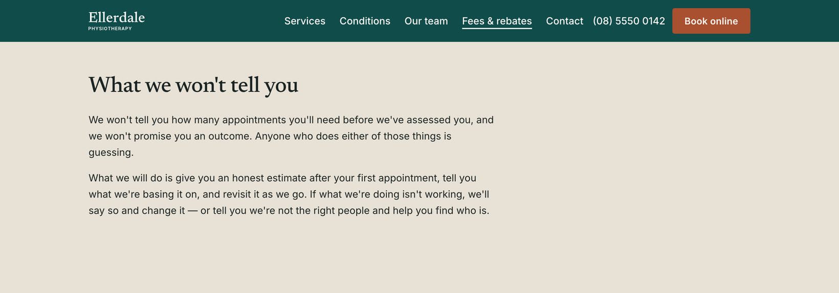 Screenshot of the “What we won't tell you” section of the Clinic demo site.