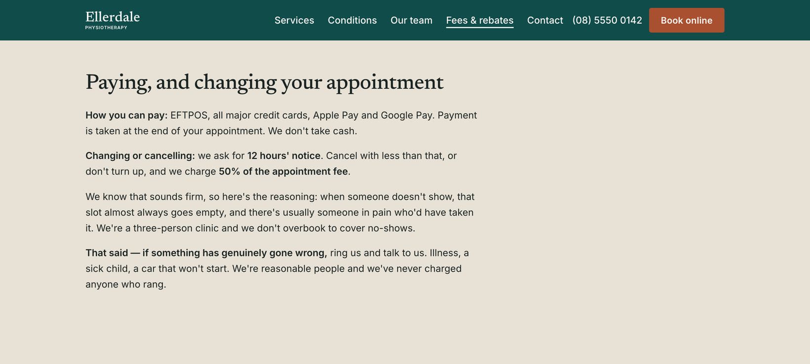 Screenshot of the “Paying, and changing your appointment” section of the Clinic demo site.