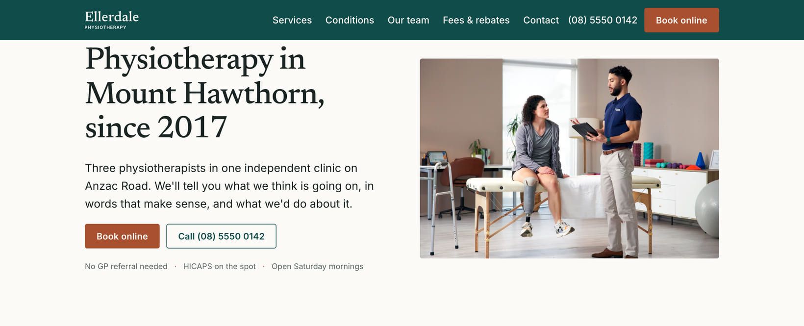 Screenshot of the “Physiotherapy in Mount Hawthorn, since 2017” section of the Clinic demo site.