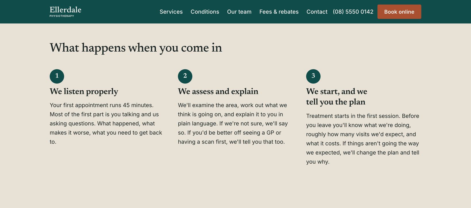 Screenshot of the “What happens when you come in” section of the Clinic demo site.