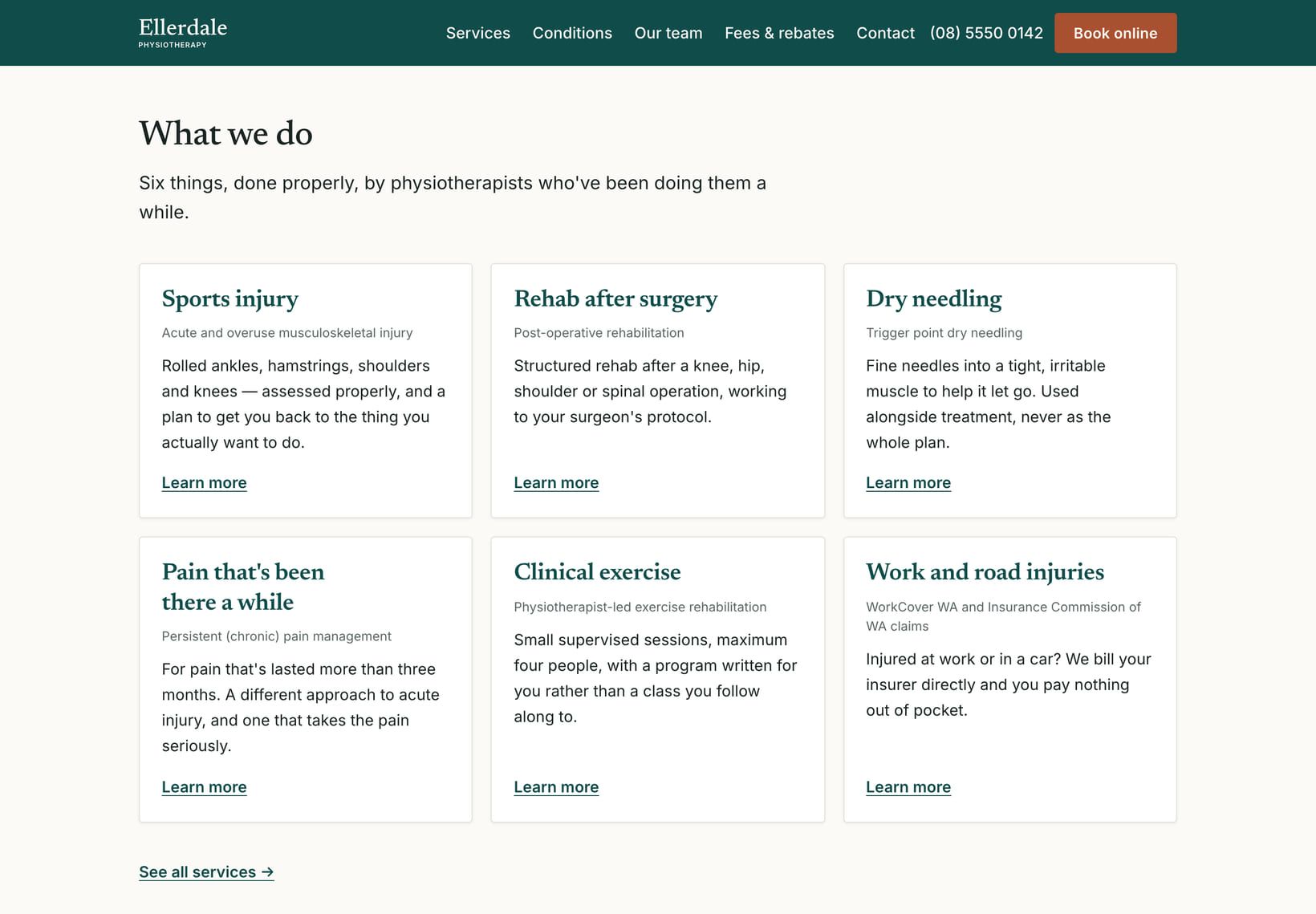 Screenshot of the “What we do” section of the Clinic demo site.