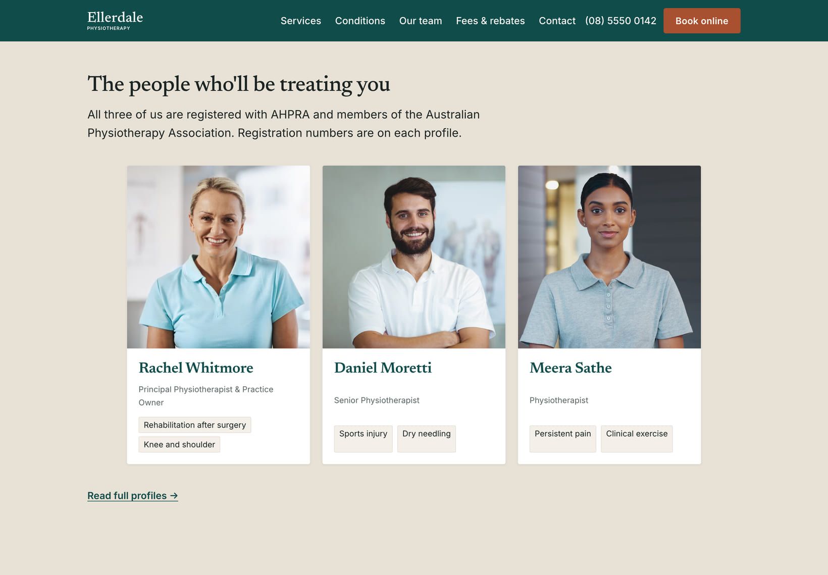 Screenshot of the “The people who'll be treating you” section of the Clinic demo site.