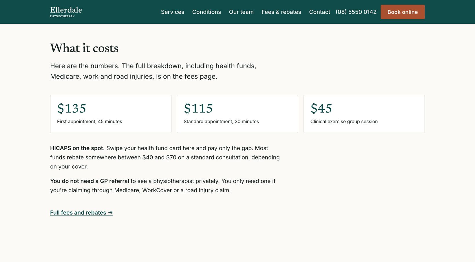 Screenshot of the “What it costs” section of the Clinic demo site.