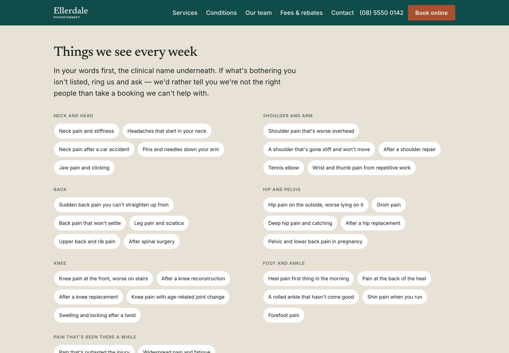 Screenshot of the “Things we see every week” section of the Clinic demo site.