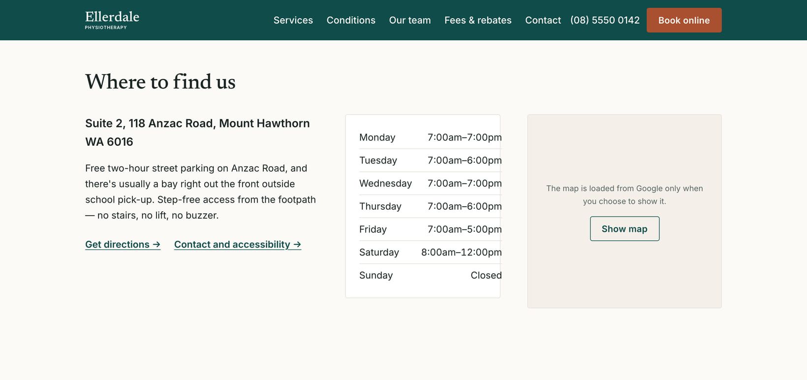 Screenshot of the “Where to find us” section of the Clinic demo site.