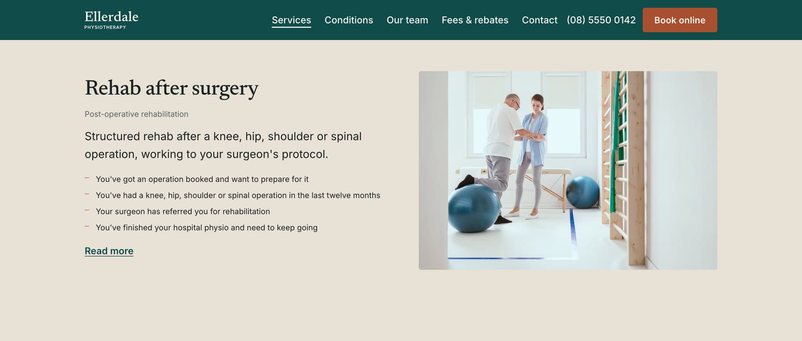 Screenshot of the “Rehab after surgery” section of the Clinic demo site.