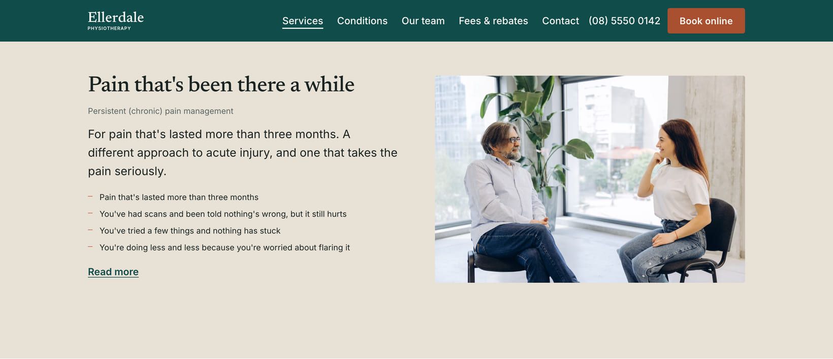 Screenshot of the “Pain that's been there a while” section of the Clinic demo site.