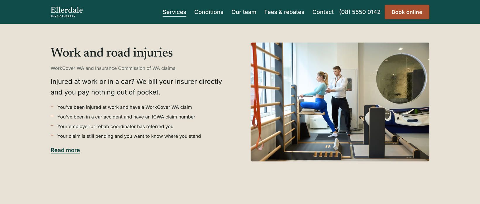 Screenshot of the “Work and road injuries” section of the Clinic demo site.