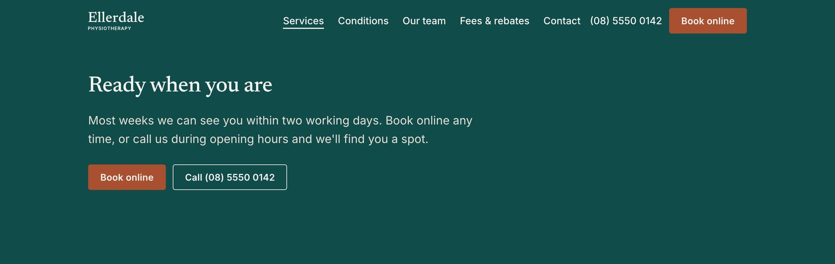 Screenshot of the “Ready when you are” section of the Clinic demo site.