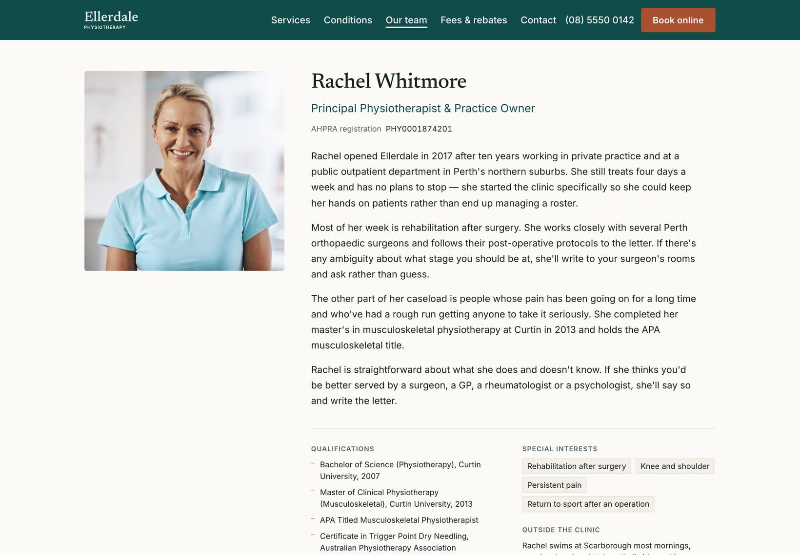 Screenshot of the “Rachel Whitmore” section of the Clinic demo site.