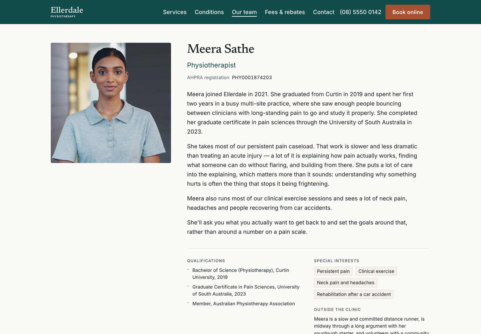 Screenshot of the “Meera Sathe” section of the Clinic demo site.