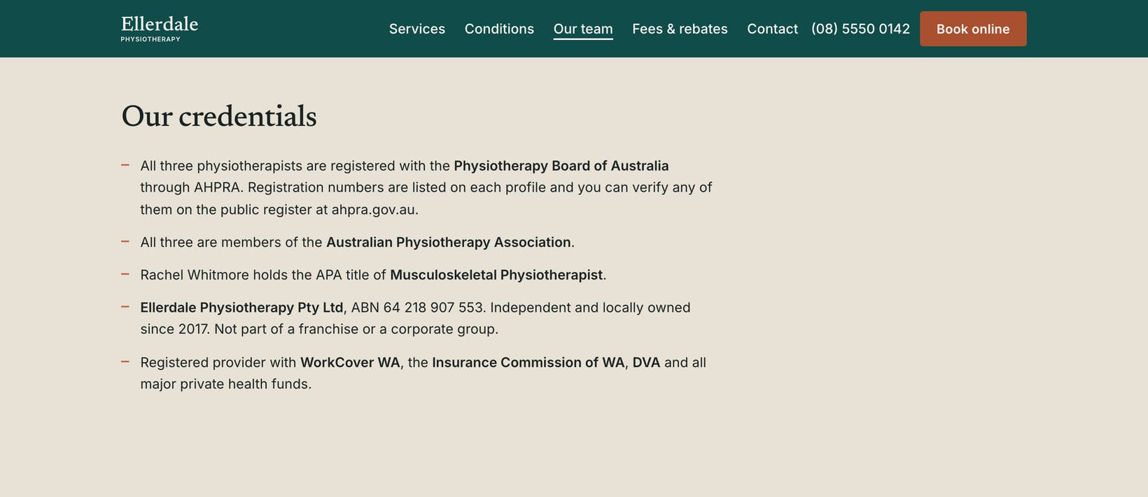 Screenshot of the “Our credentials” section of the Clinic demo site.