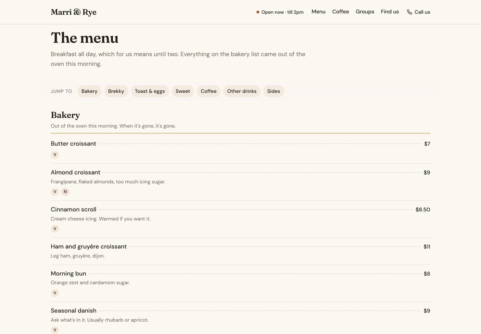 Screenshot of the “The menu” section of the Counter demo site.