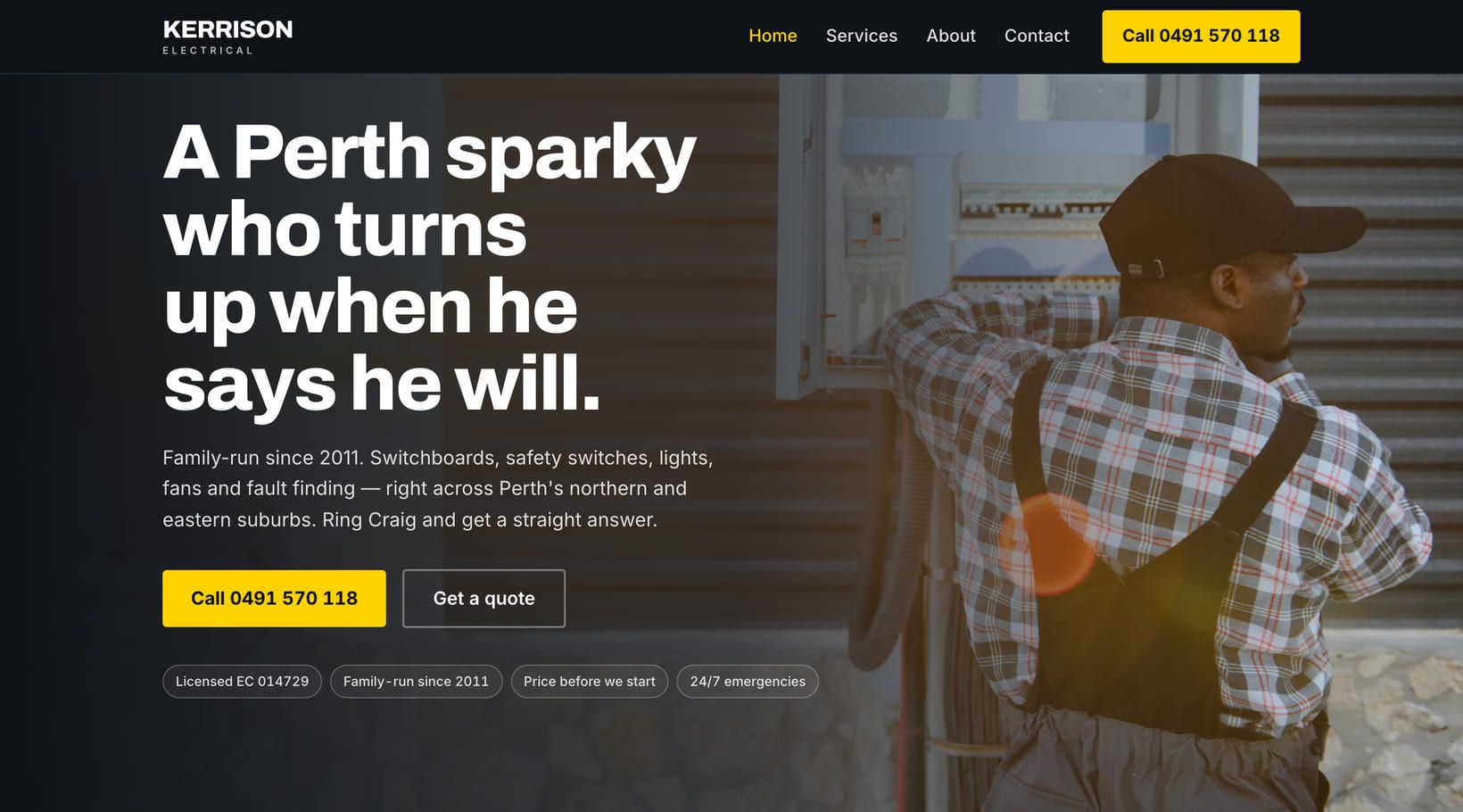 Screenshot of the “A Perth sparky who turns up when he says he will.” section of the Ute demo site.