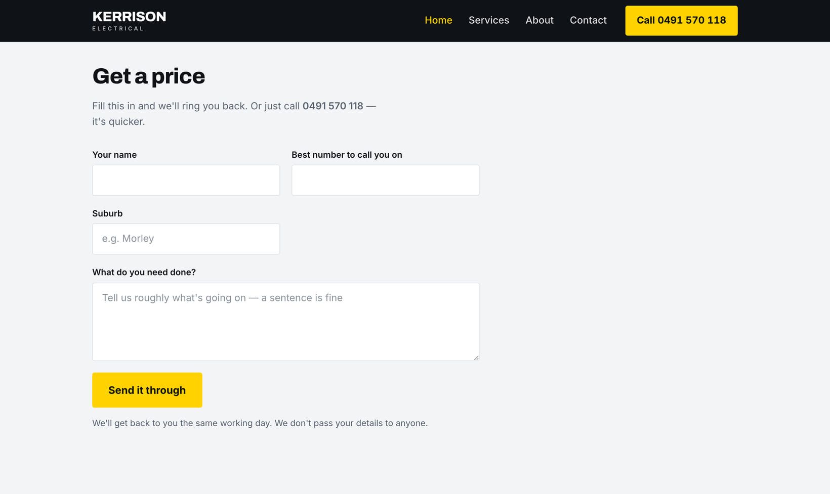 Screenshot of the “Get a price” section of the Ute demo site.