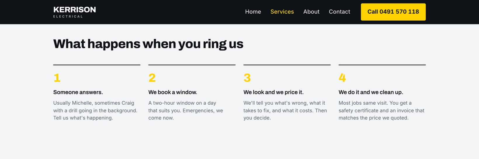 Screenshot of the “What happens when you ring us” section of the Ute demo site.